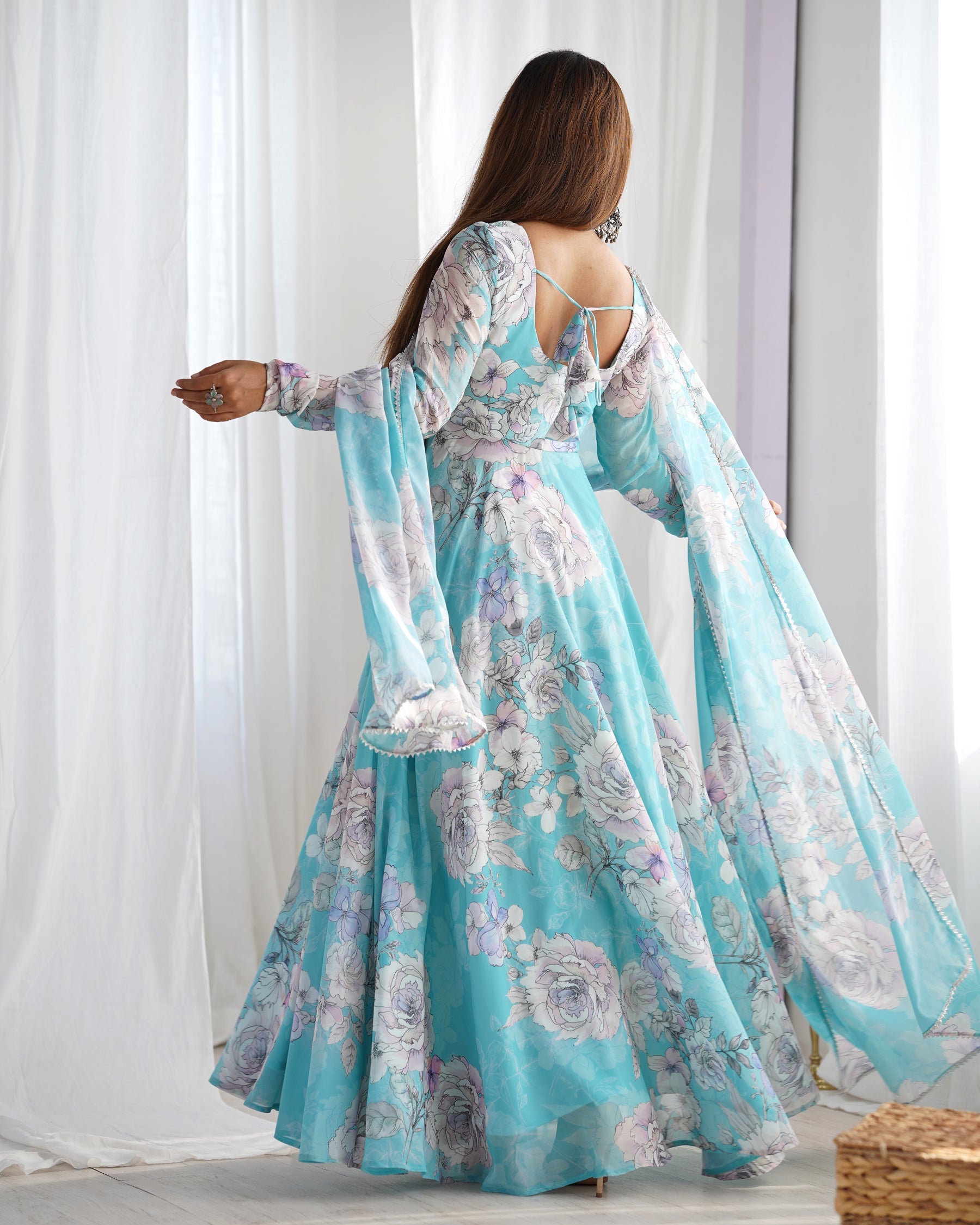 Lorenvalley Fashion Sky Blue Faux Georgette Floral Print 7 Meter Anarkali Gown with Dupatta