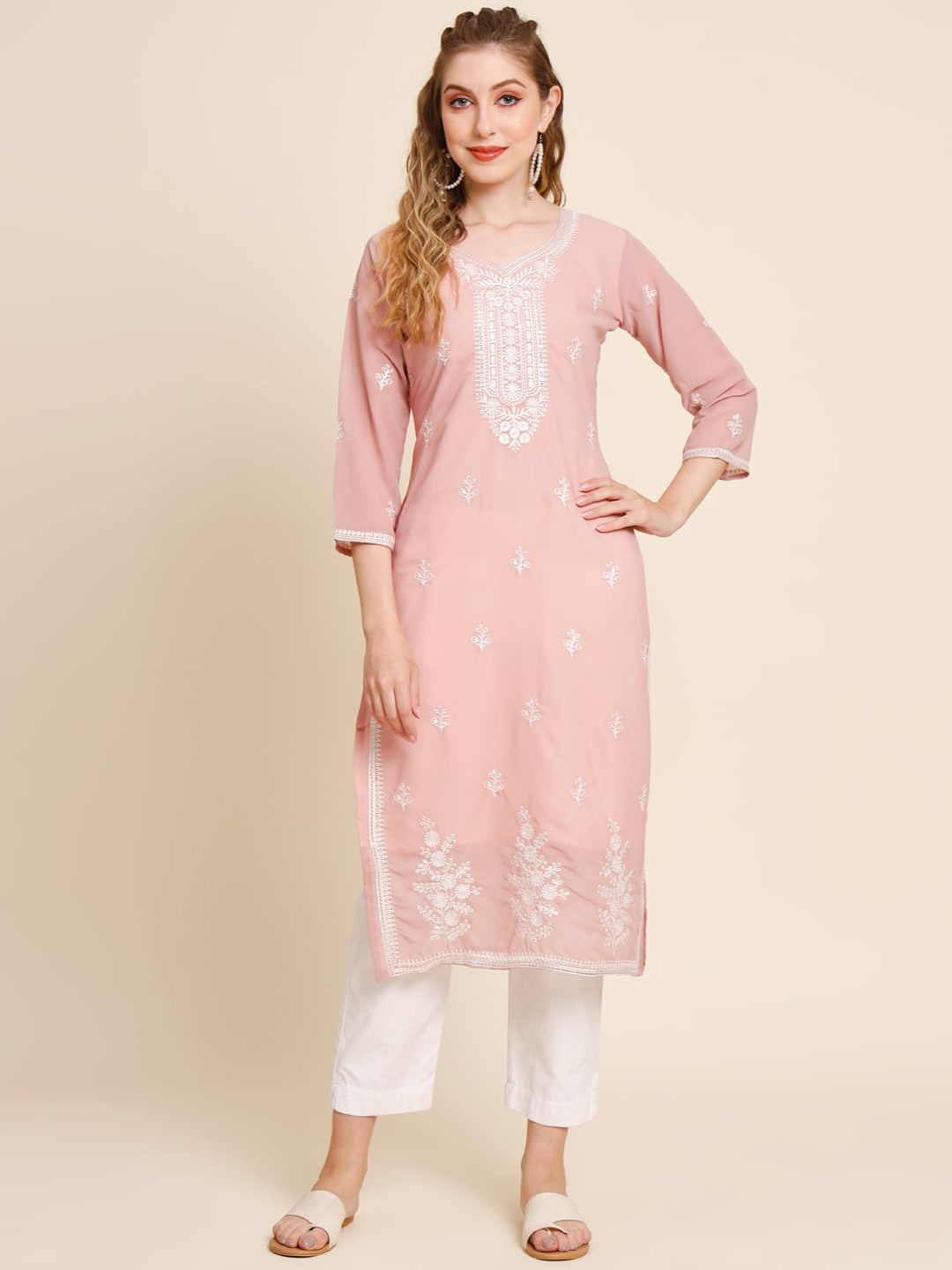 HERE&NOW Ethnic Motifs Embroidered Sequined Georgette Kurta