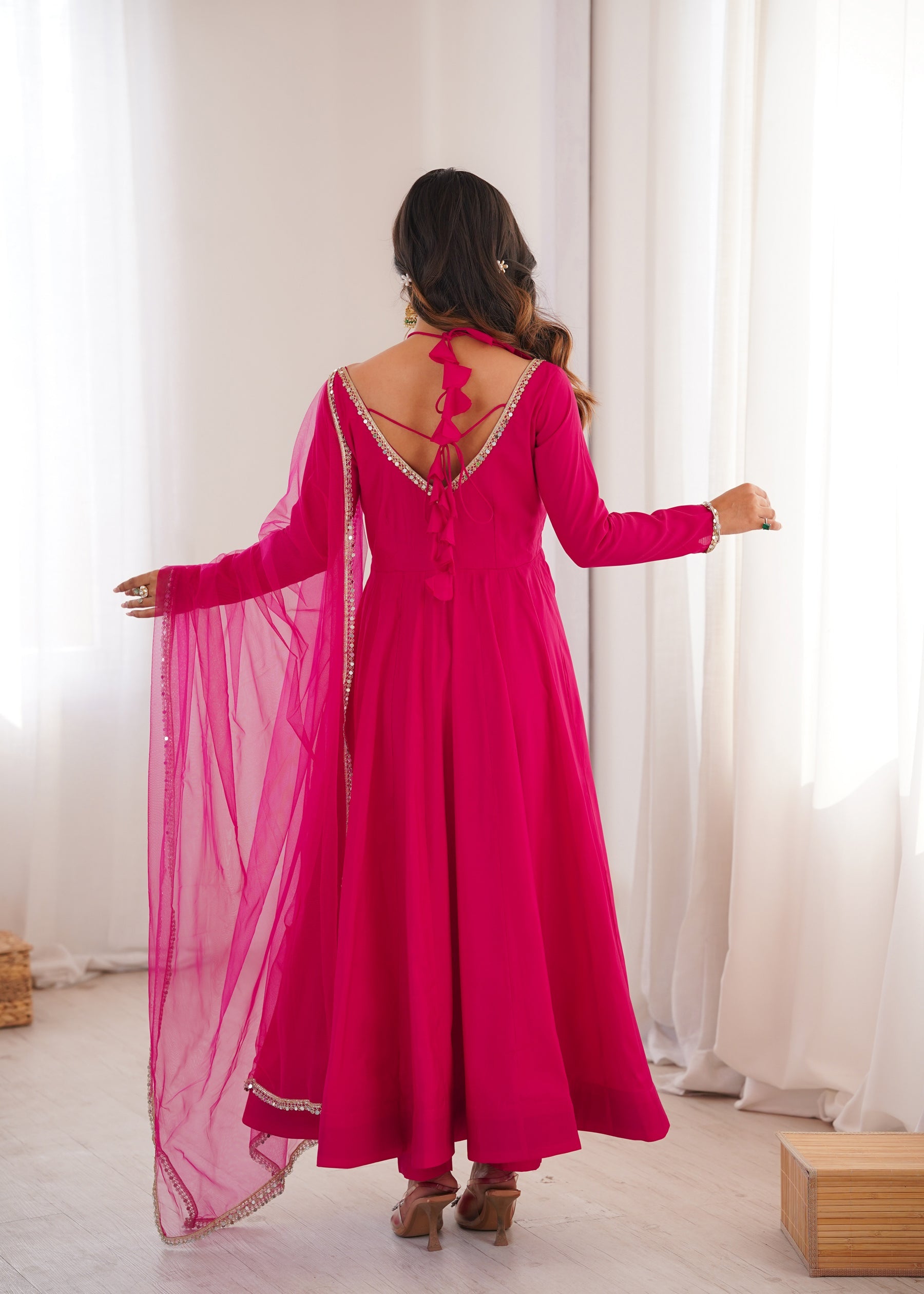 Lorenvalley Fashion Magenta Roman Silk Chanderi Yoke Fancy Lace Pattern Anarkali Gown Pant With Dupatta