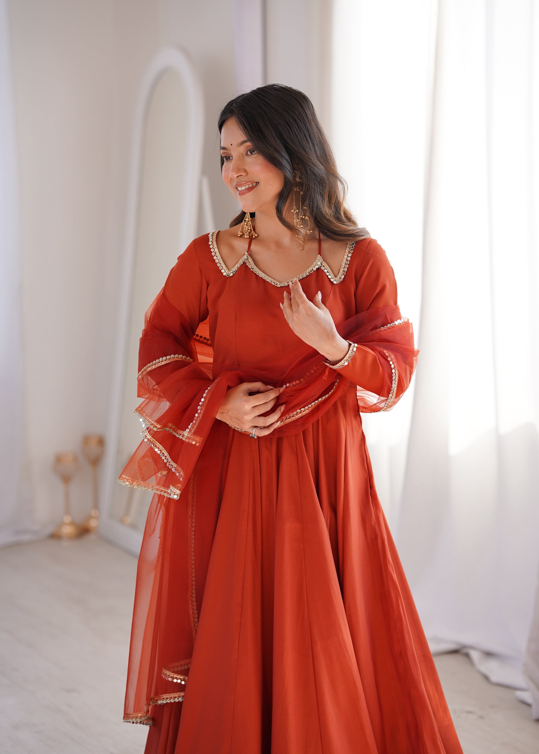Lorenvalley Fashion Rust Romansilk Chanderi Yoke Fancy Lace Pattern Anarkali Gown Pant with Dupatta