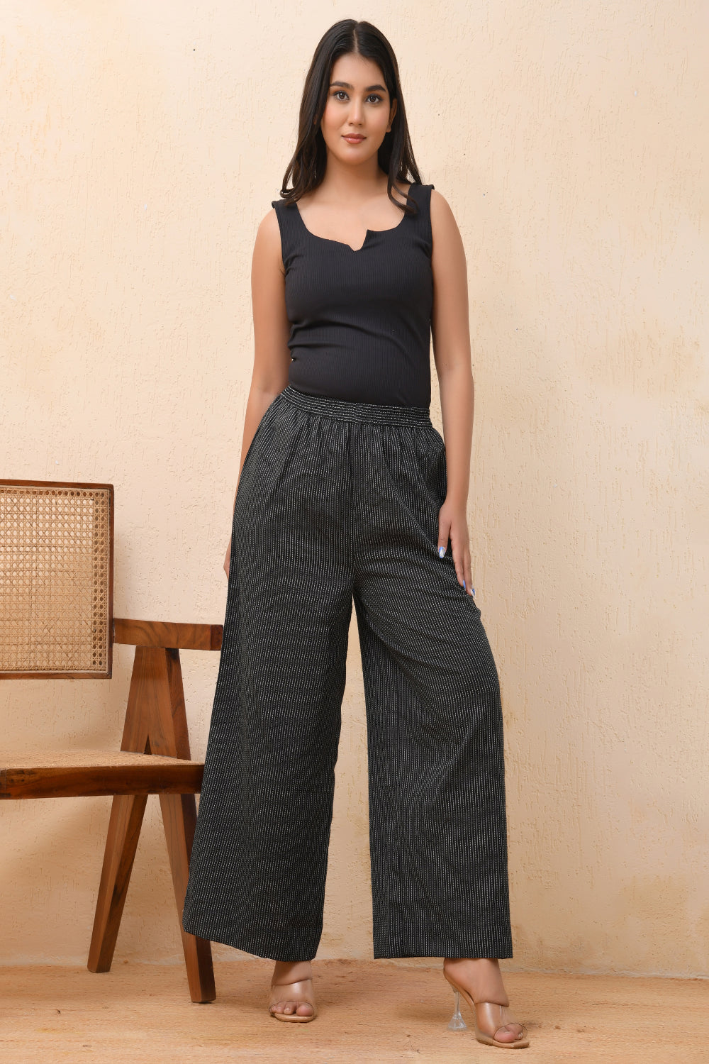 Vaasva Women Black Kantha Flared Pants 