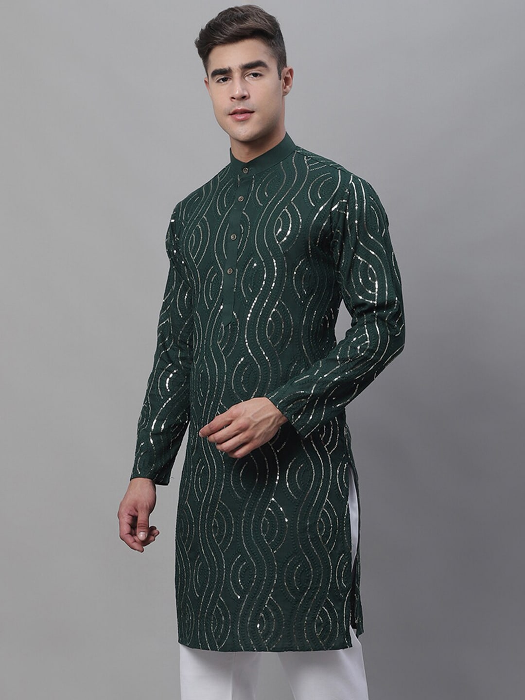Sojanya Band Collar Sequined Pure Cotton Kurta 