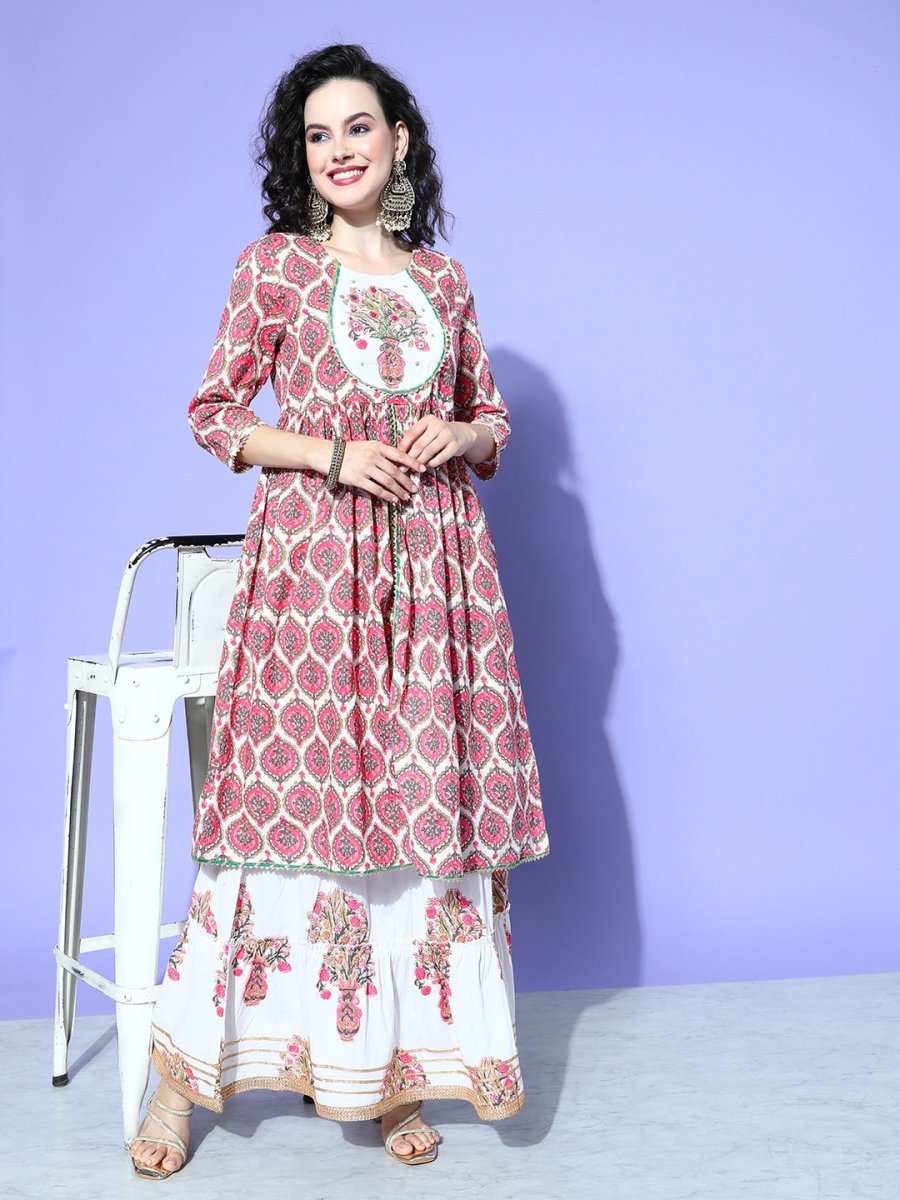 All About You Women White Floral Printed Regular Gotta Patti Pure Cotton Kurta with Skirt & With Dupatta