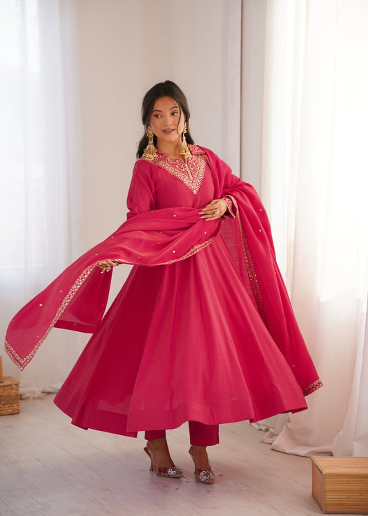 Lorenvalley Fashion Magenta Roman Shimmer Silk Sequence and Jari work Anarkali Gown Pant with Dupatta