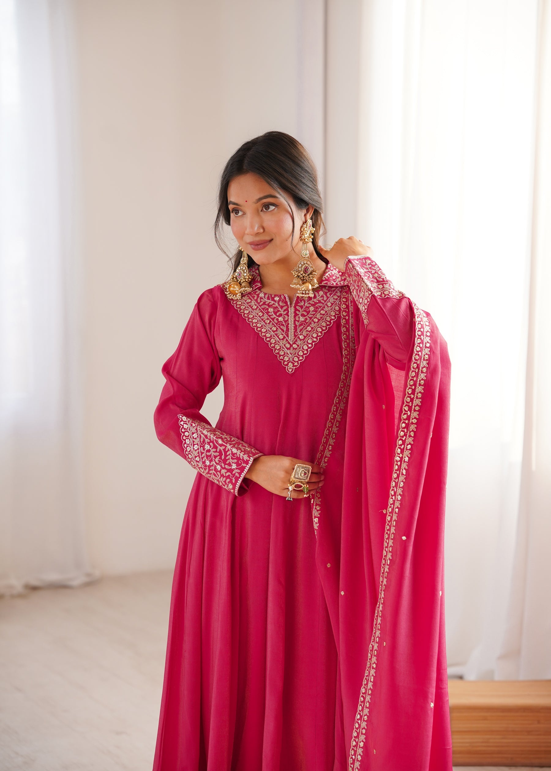 Lorenvalley Fashion Magenta Roman Shimmer Silk Sequence and Jari work Anarkali Gown Pant with Dupatta