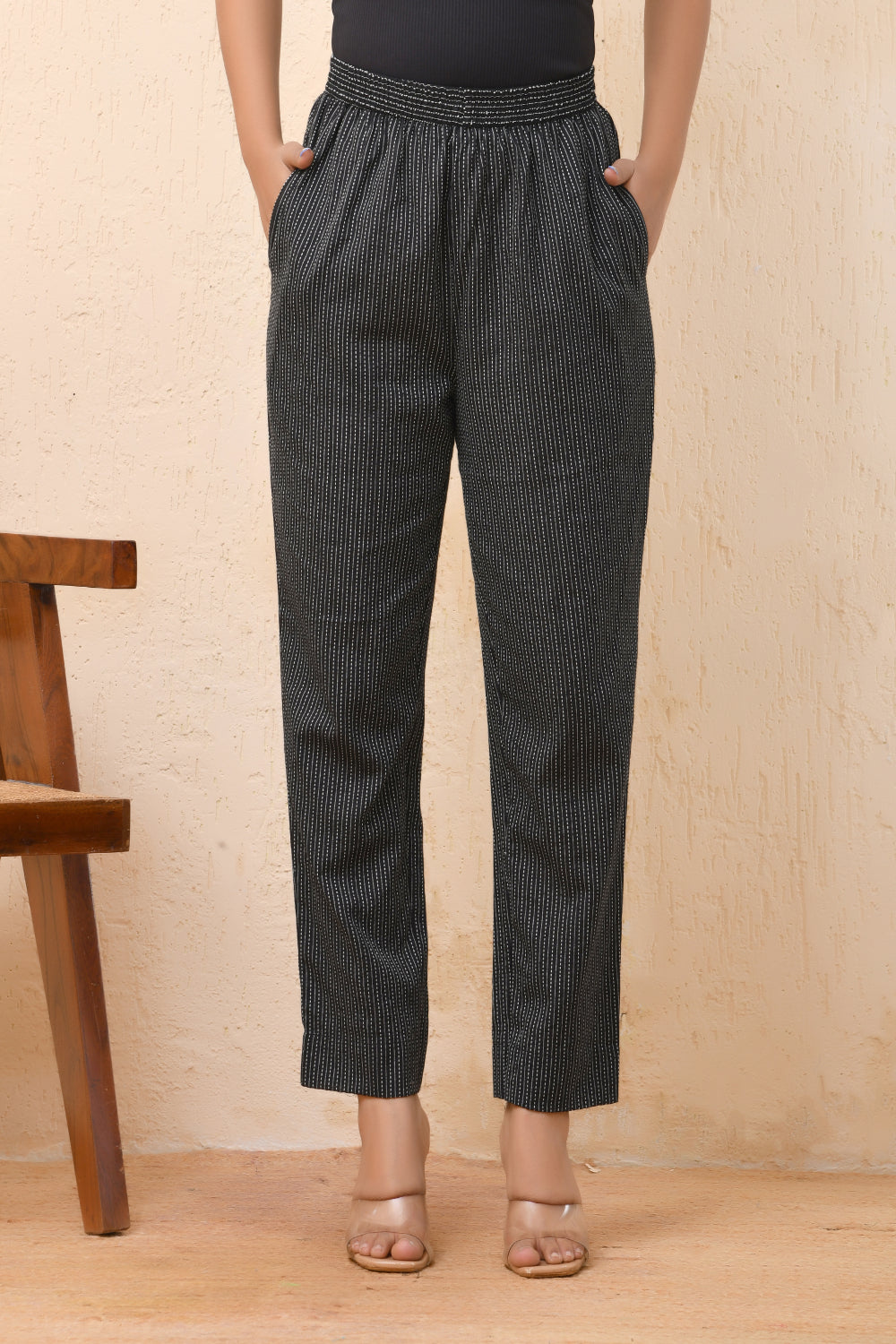 Vaasva Women Black Kantha Straight Fit Pants 