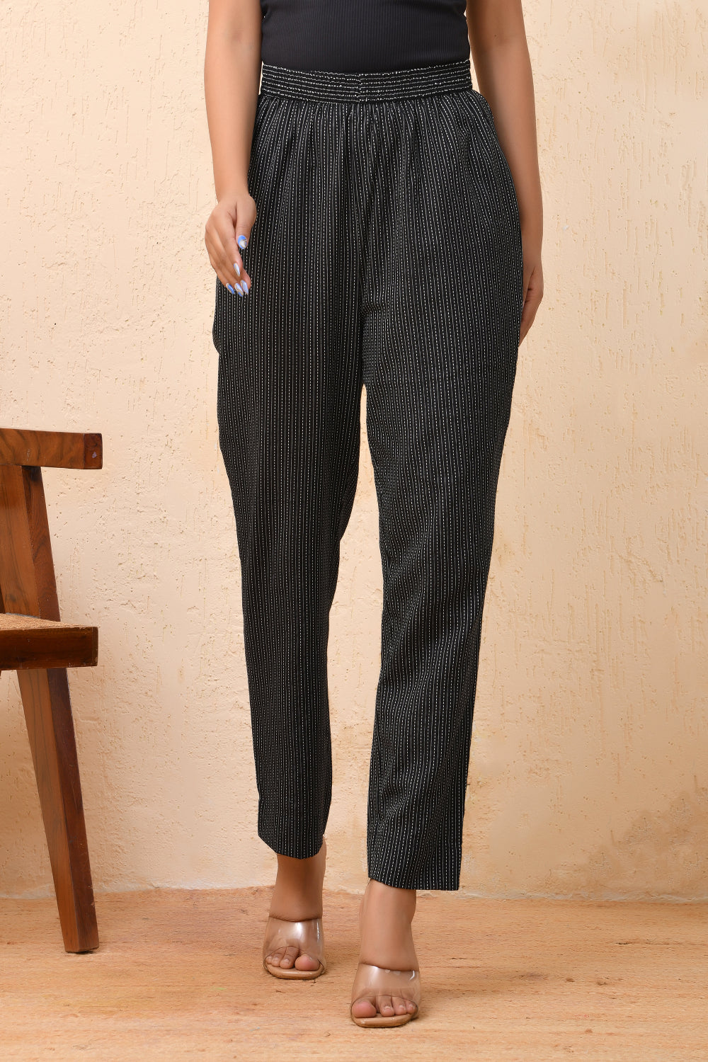 Vaasva Women Black Kantha Straight Fit Pants 