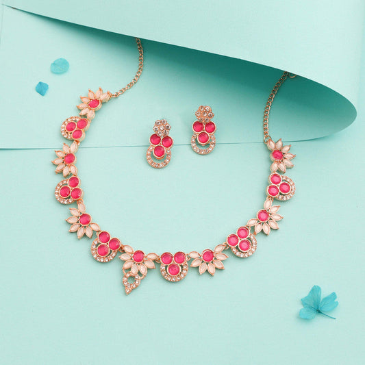 Tehzeeb Creations Gold Pleate Pink Choker Necklace With Stud