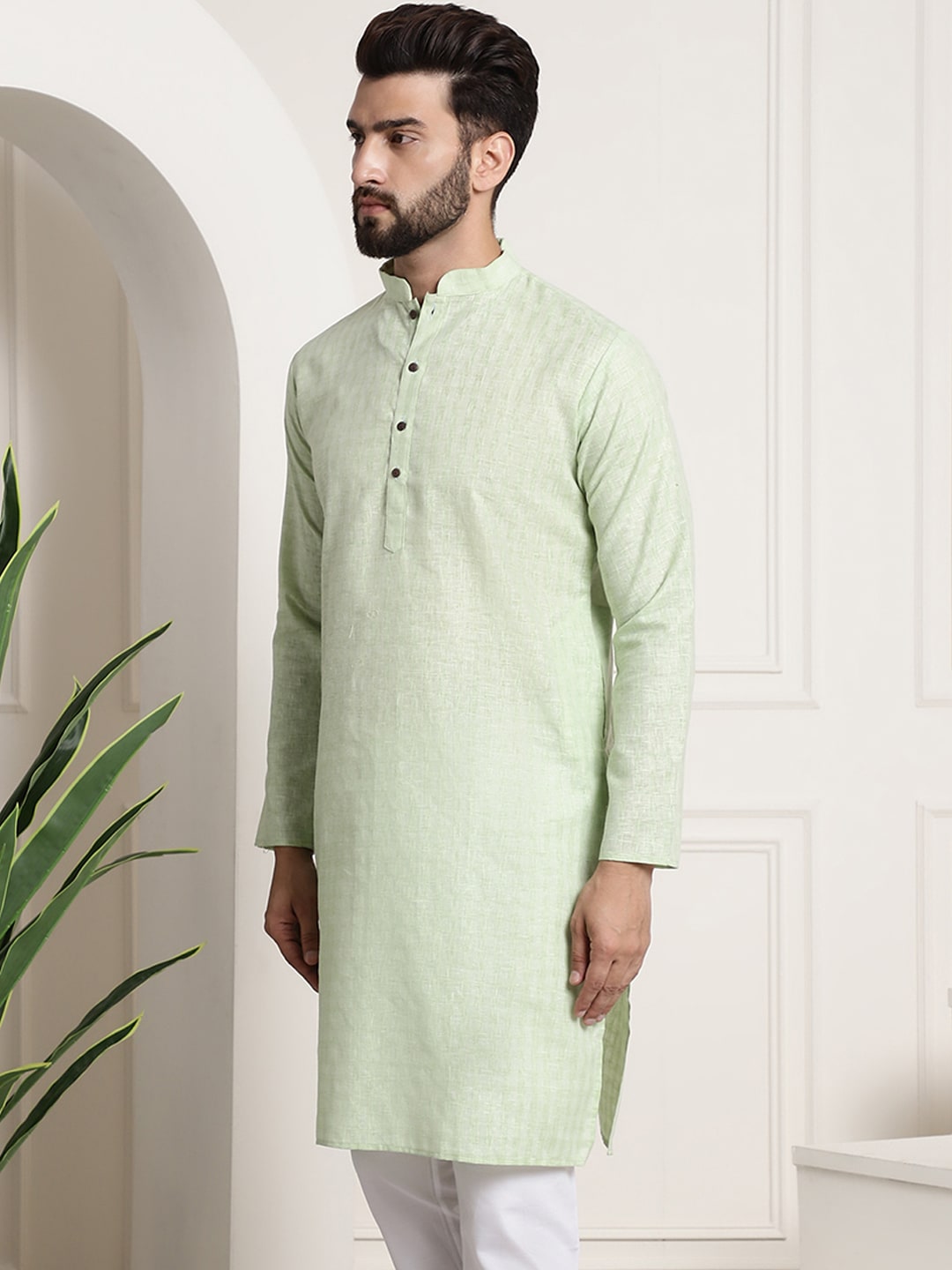 Sojanya Men Green Dobby Checked Straight Kurta 