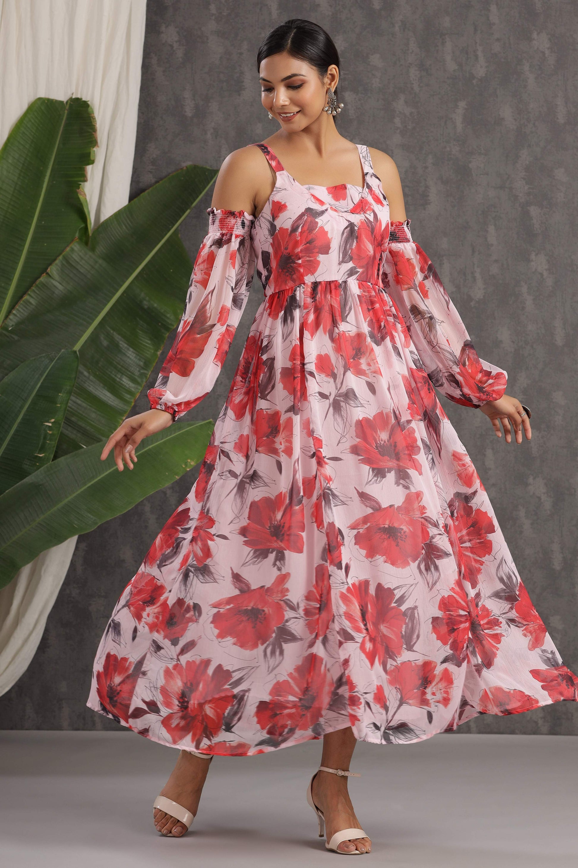 Juniper Light Pink Floral Printed Chiffon Maxi Dress With Adjustable Straps & Cold Shoulder