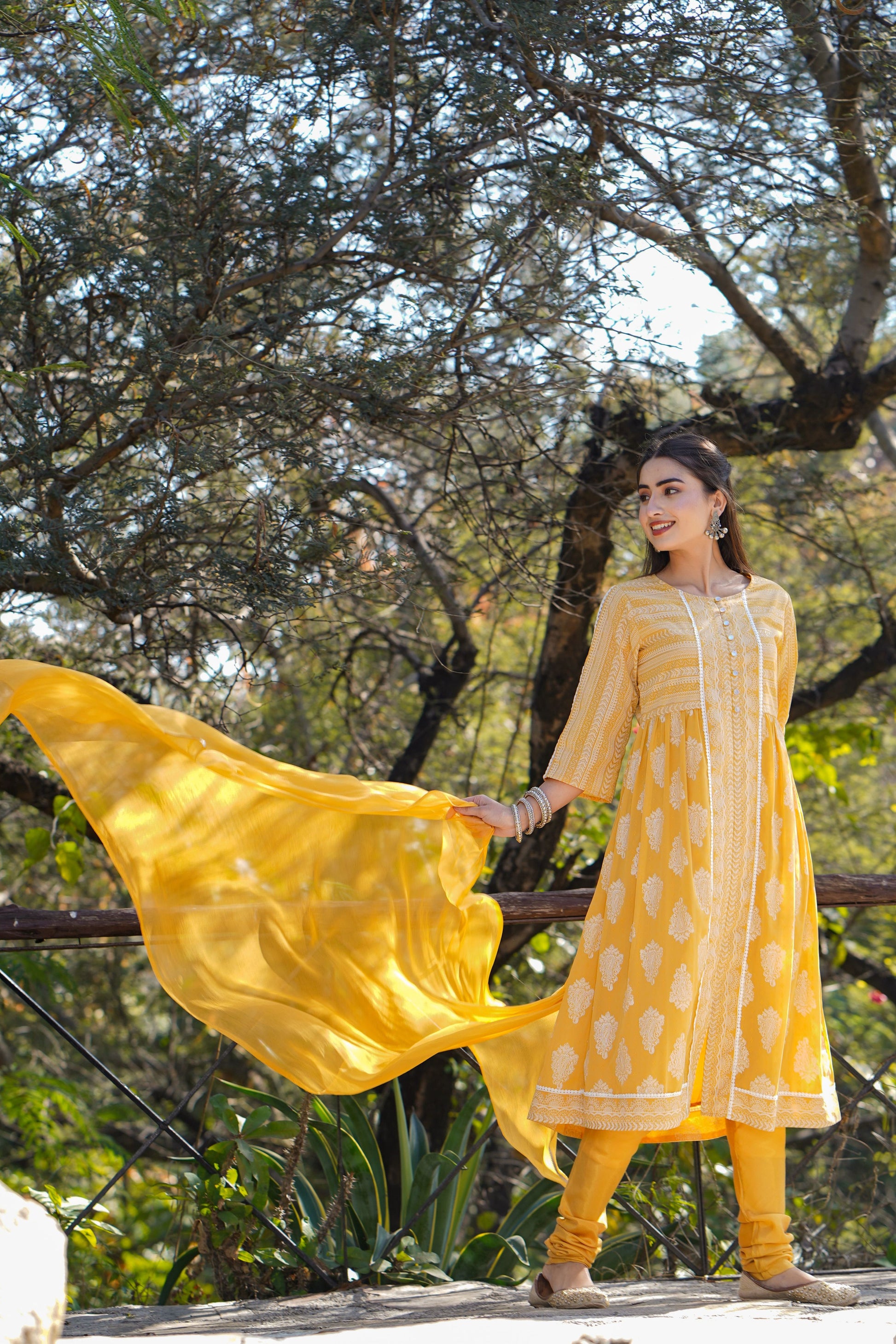 Juniper Women Yellow Georgette Printed Flared Kurta Sets | Grab2Buy