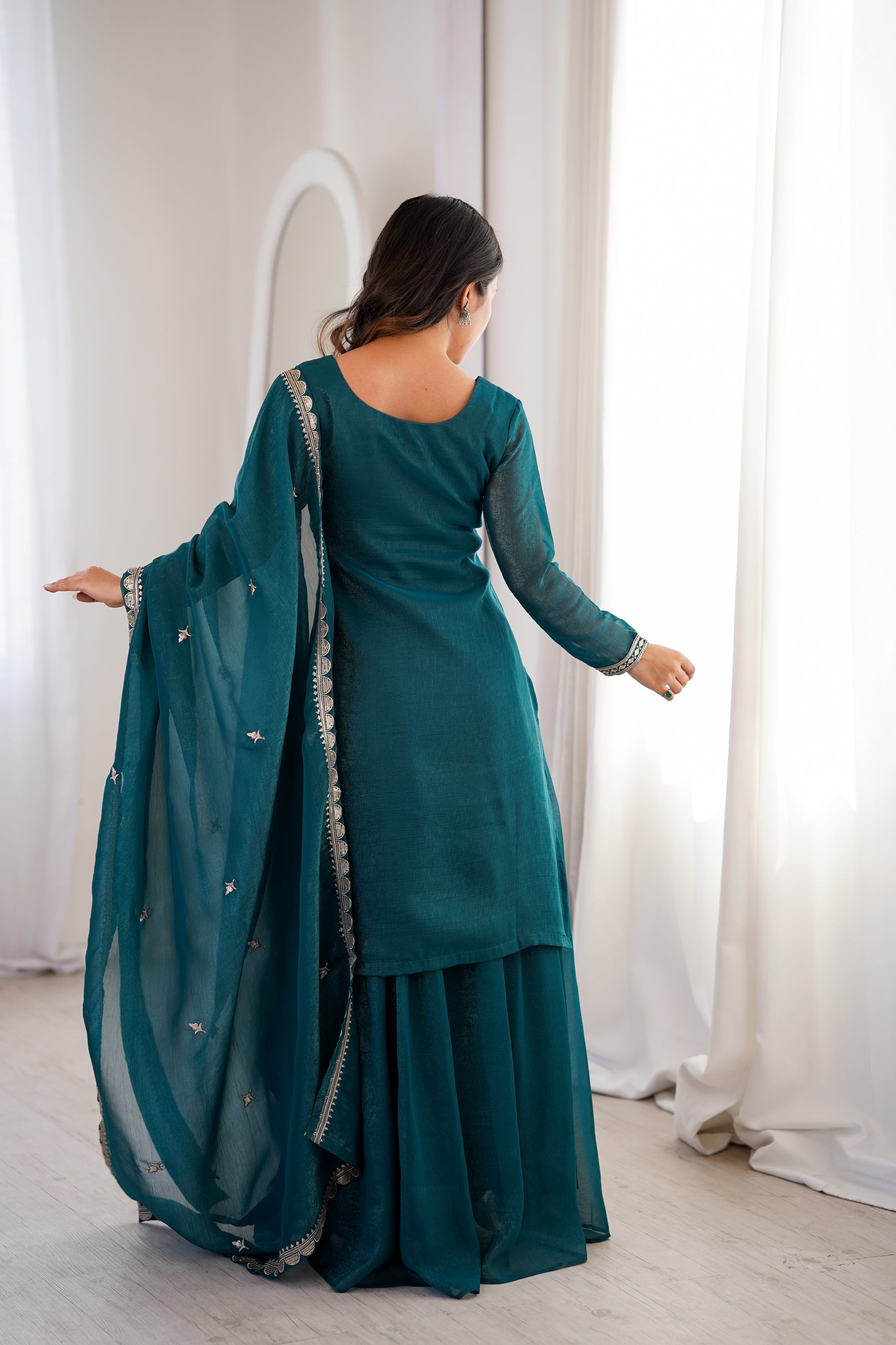 Lorenvalley Fashion Teal Soft Crunchy Silk Fabric with Embroidery Sequence, Thread and Jari Work Kurta Palazzo with Dupatta