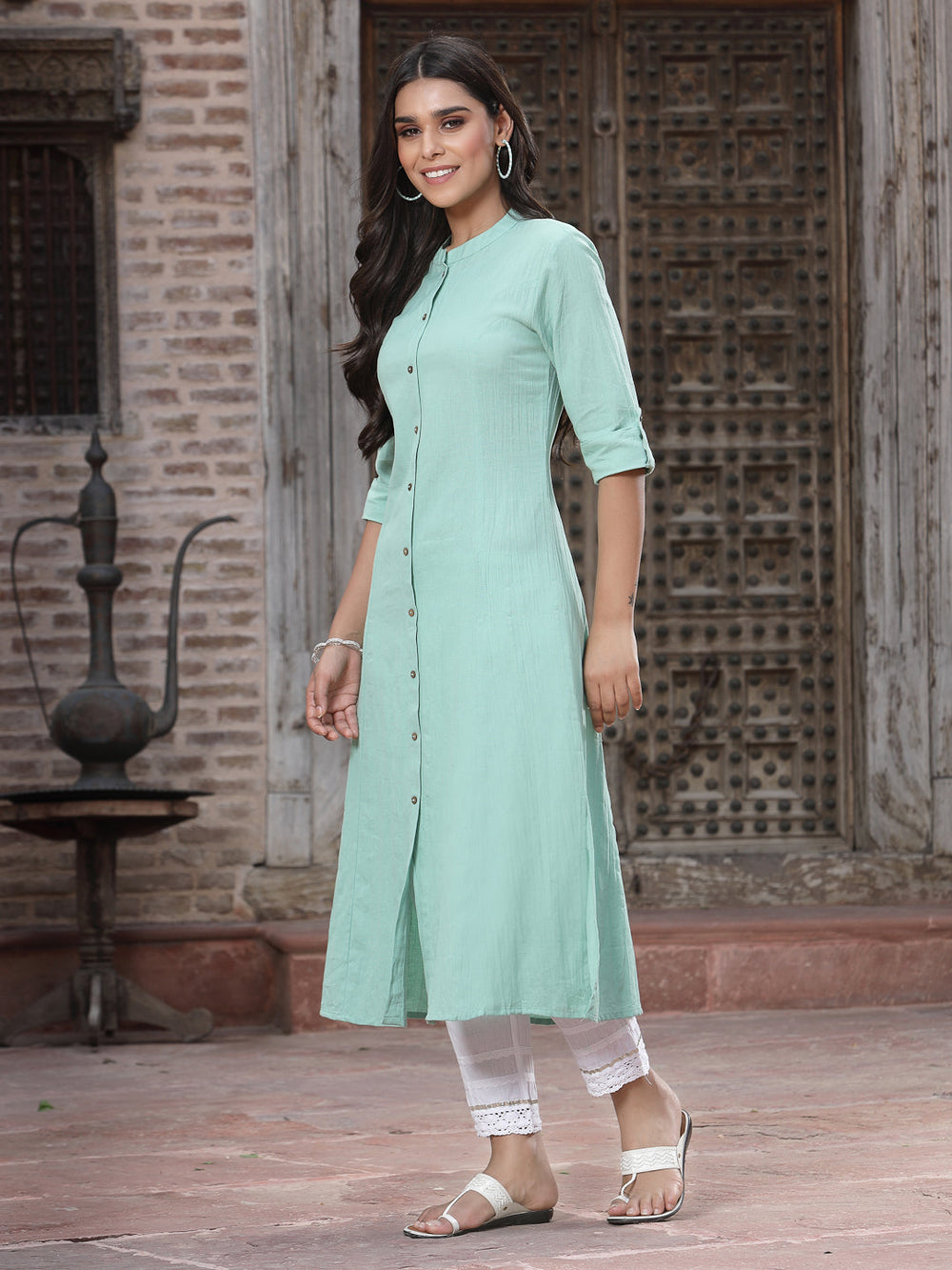 Juniper Women`s Green Cotton Flex Solid A-Line Kurta