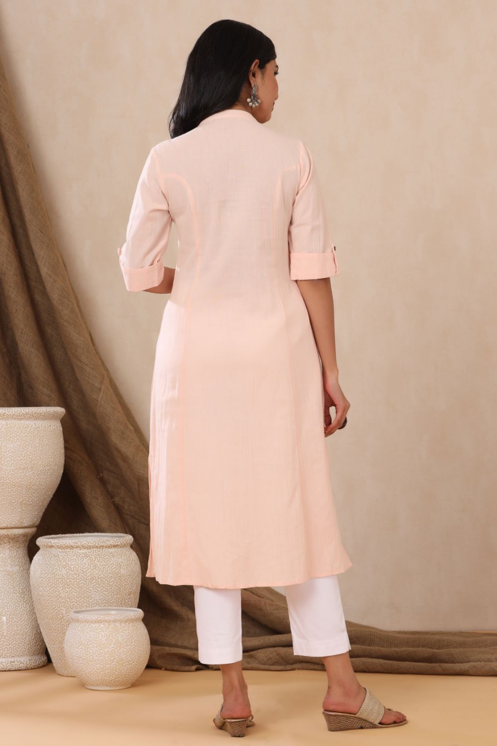 Juniper Womens Peach Cotton Flex Solid A-Line Kurta