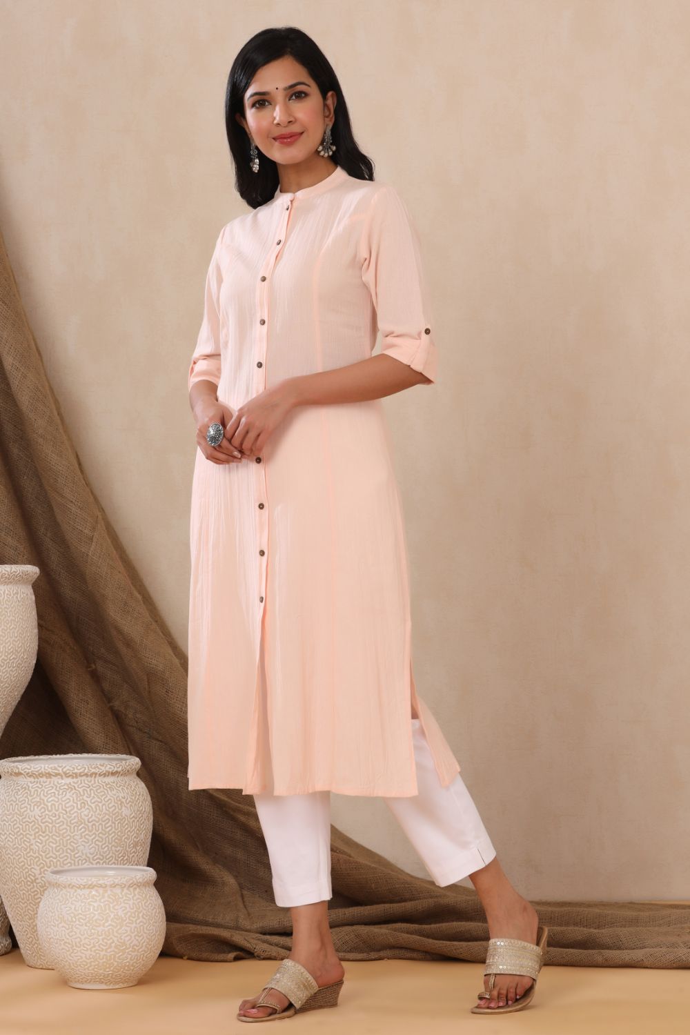 Juniper Womens Peach Cotton Flex Solid A-Line Kurta