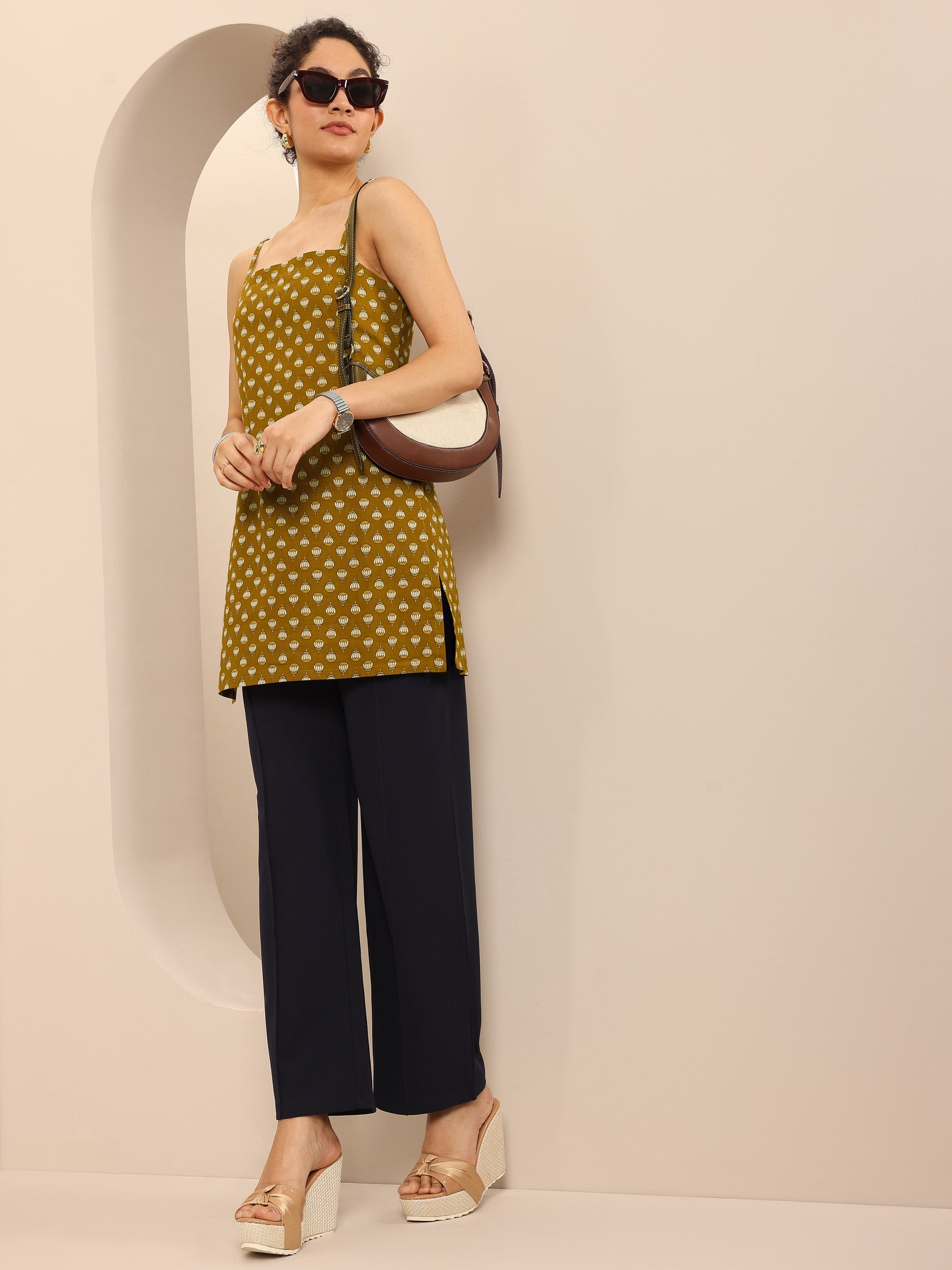 Libas Mustard Printed Cotton Blend Straight Short Kurti 