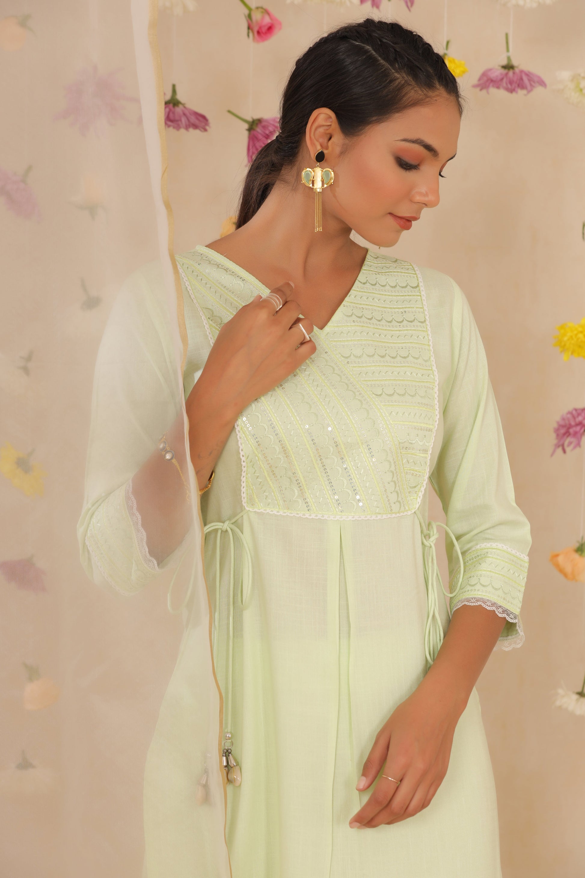 Juniper Women's Light Green Cotton Blend Printed Kurta Set