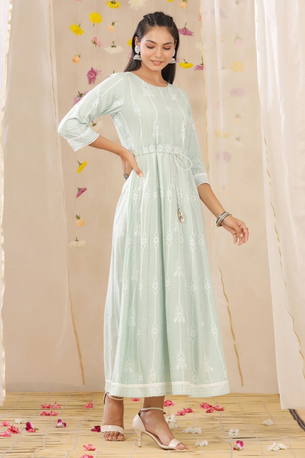 Juniper Womens Mint Rayon Gliter Printed Anarkali Dress