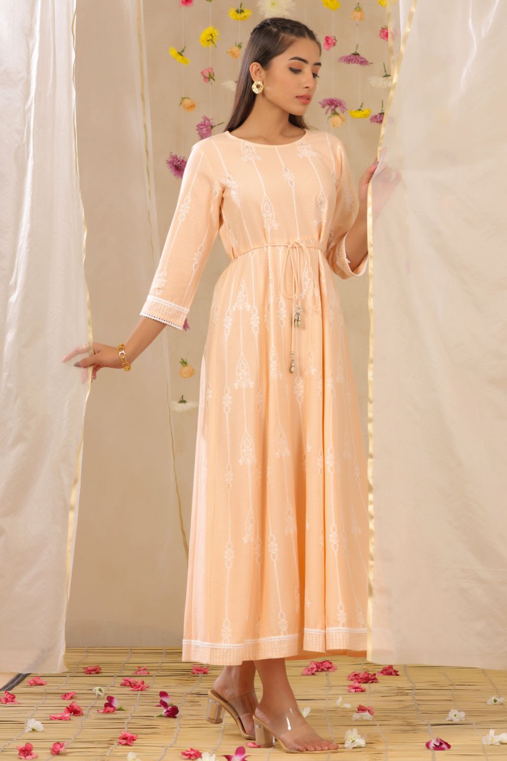 Juniper Womens Peach Rayon Gliter Printed Anarkali Dress