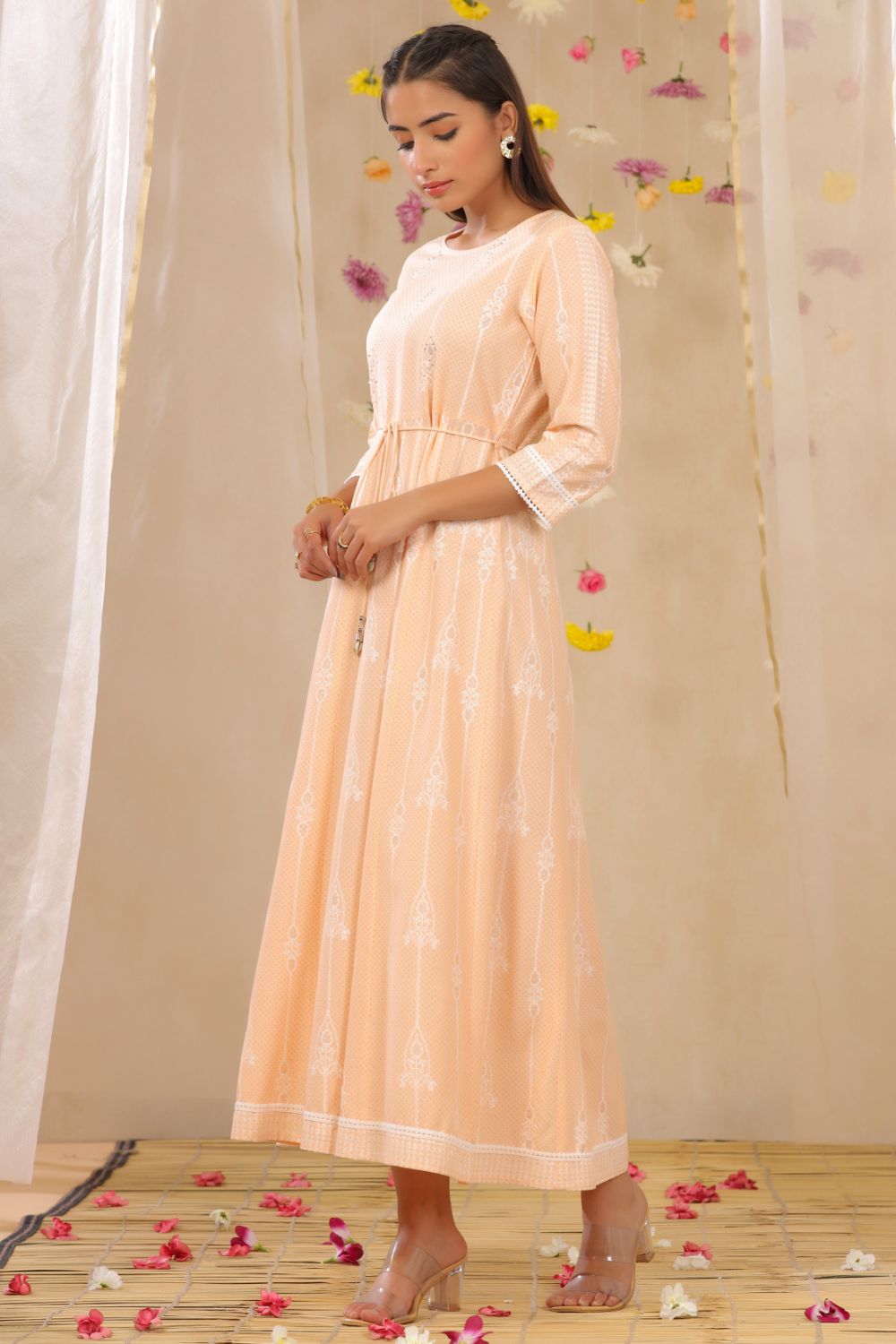 Juniper Womens Peach Rayon Gliter Printed Anarkali Dress