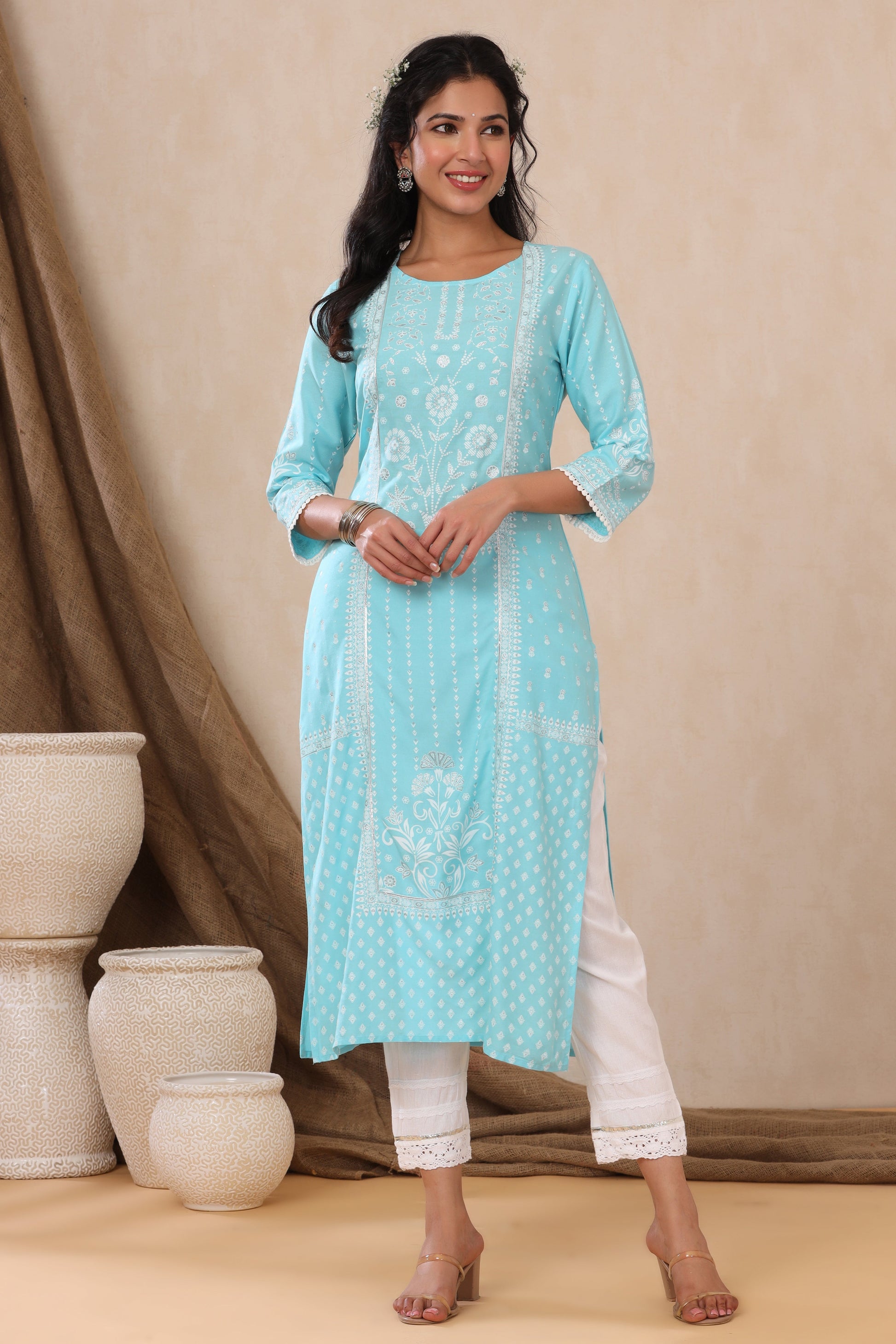 Juniper Aqua Ethnic Motif Printed Rayon Kurta With Lace Work