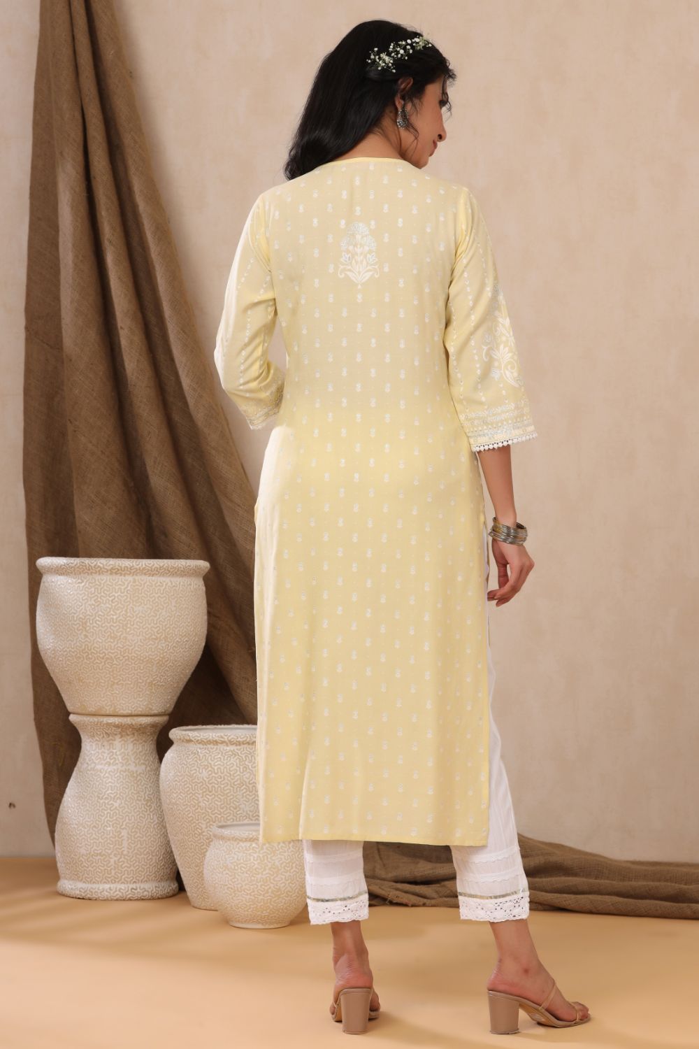 Juniper Womens Light Yellow Rayon Khari Printed Straight Kurta