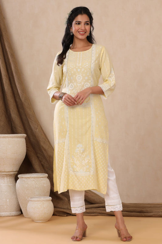 Juniper Womens Light Yellow Rayon Khari Printed Straight Kurta