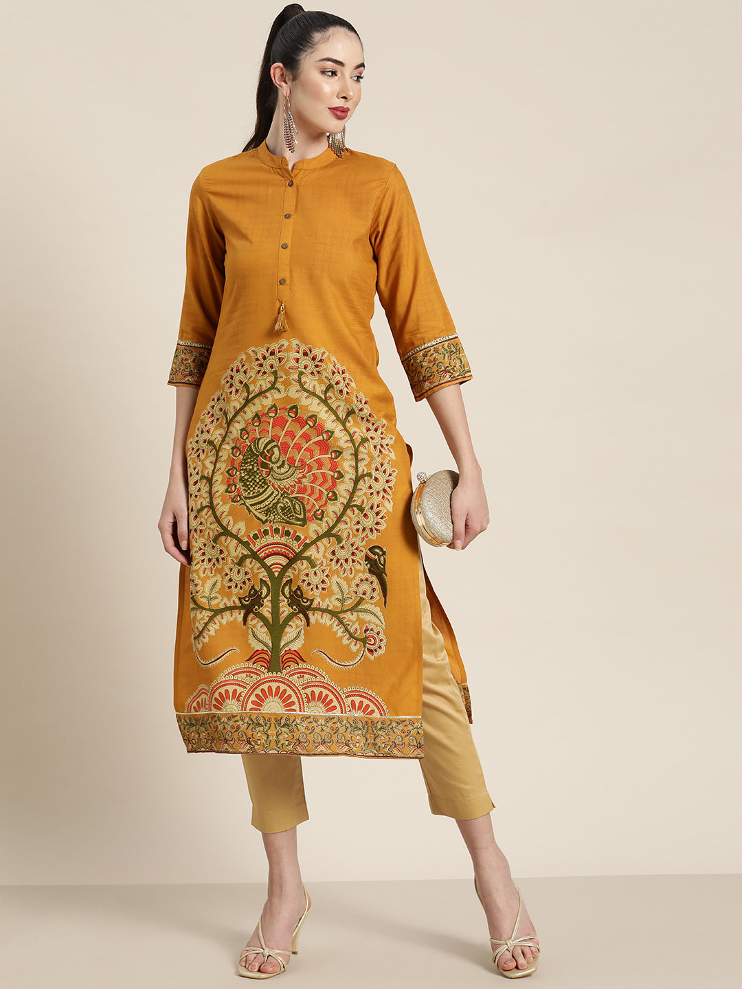 Juniper Mustard Ethnic Motif Printed Rayon Straight Kurta With Buttons & Tassels 