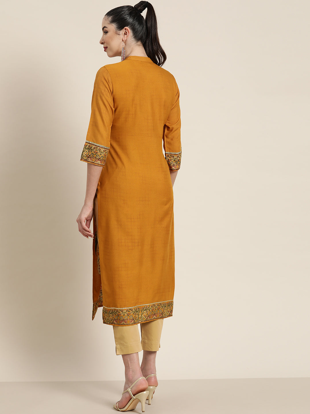 Juniper Mustard Ethnic Motif Printed Rayon Straight Kurta With Buttons & Tassels 
