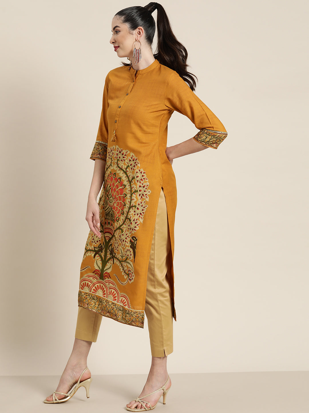 Juniper Mustard Ethnic Motif Printed Rayon Straight Kurta With Buttons & Tassels 