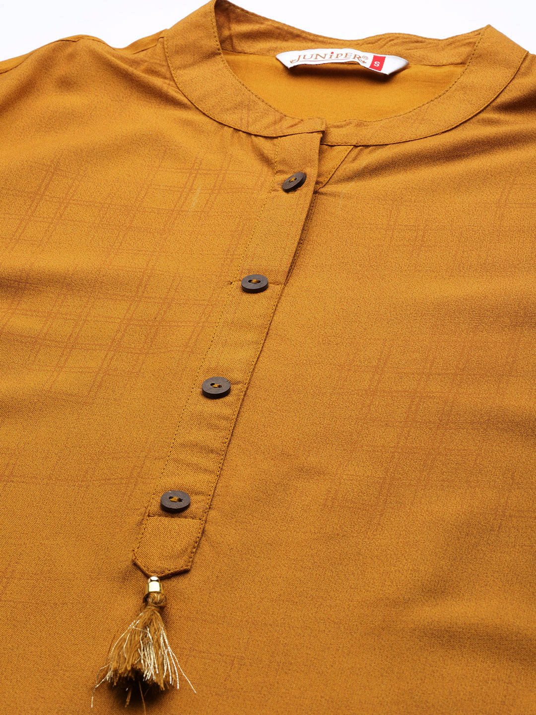 Juniper Mustard Ethnic Motif Printed Rayon Straight Kurta With Buttons & Tassels 