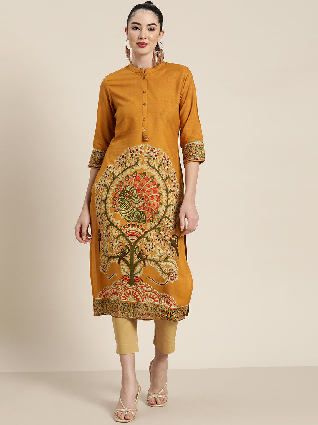Juniper Mustard Ethnic Motif Printed Rayon Straight Kurta With Buttons & Tassels 
