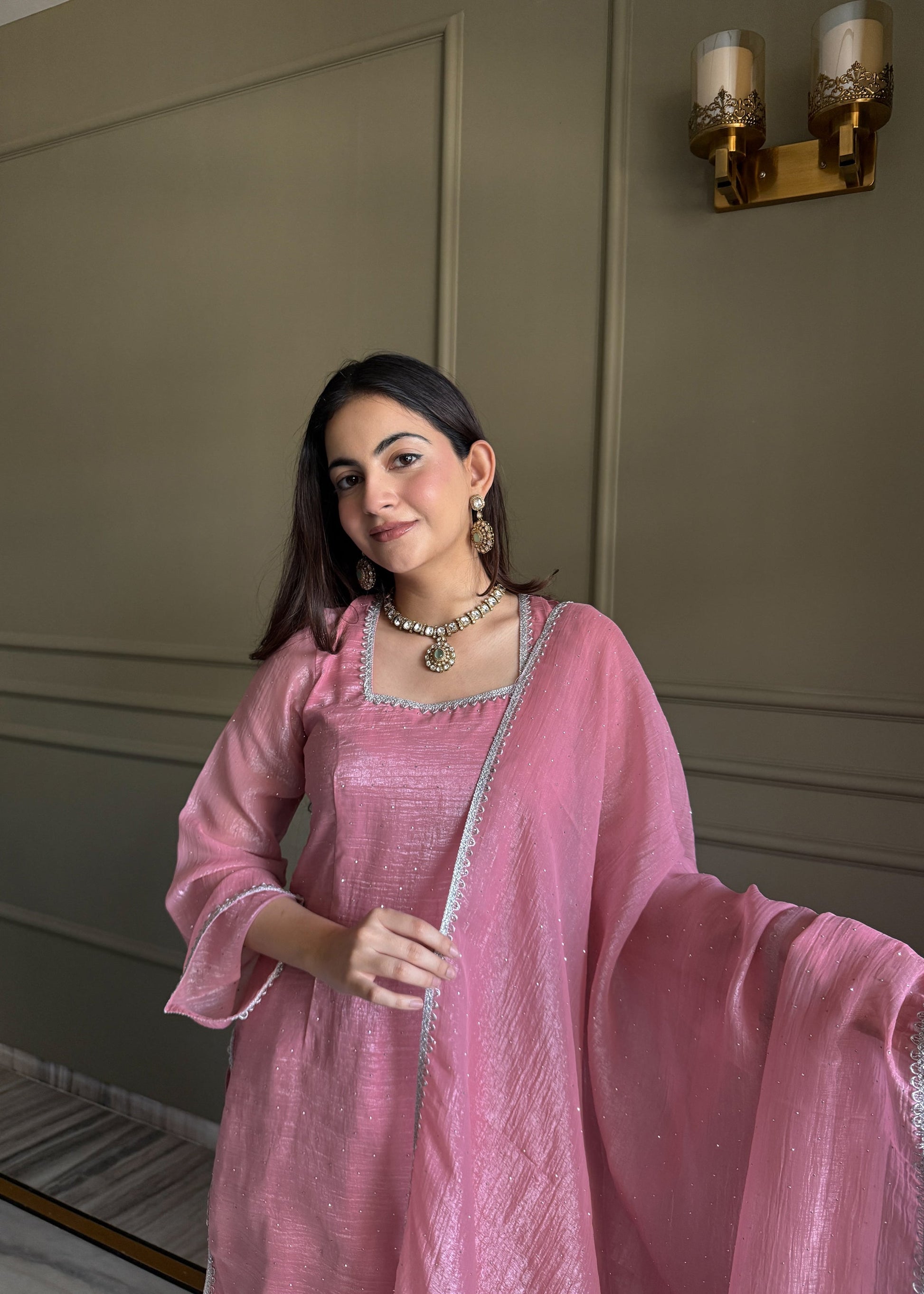 Lorenvalley Fashion Pink Crunchy Silk with Siroski Work with Fancy Lace Work Kurta Salwar with Dupatta