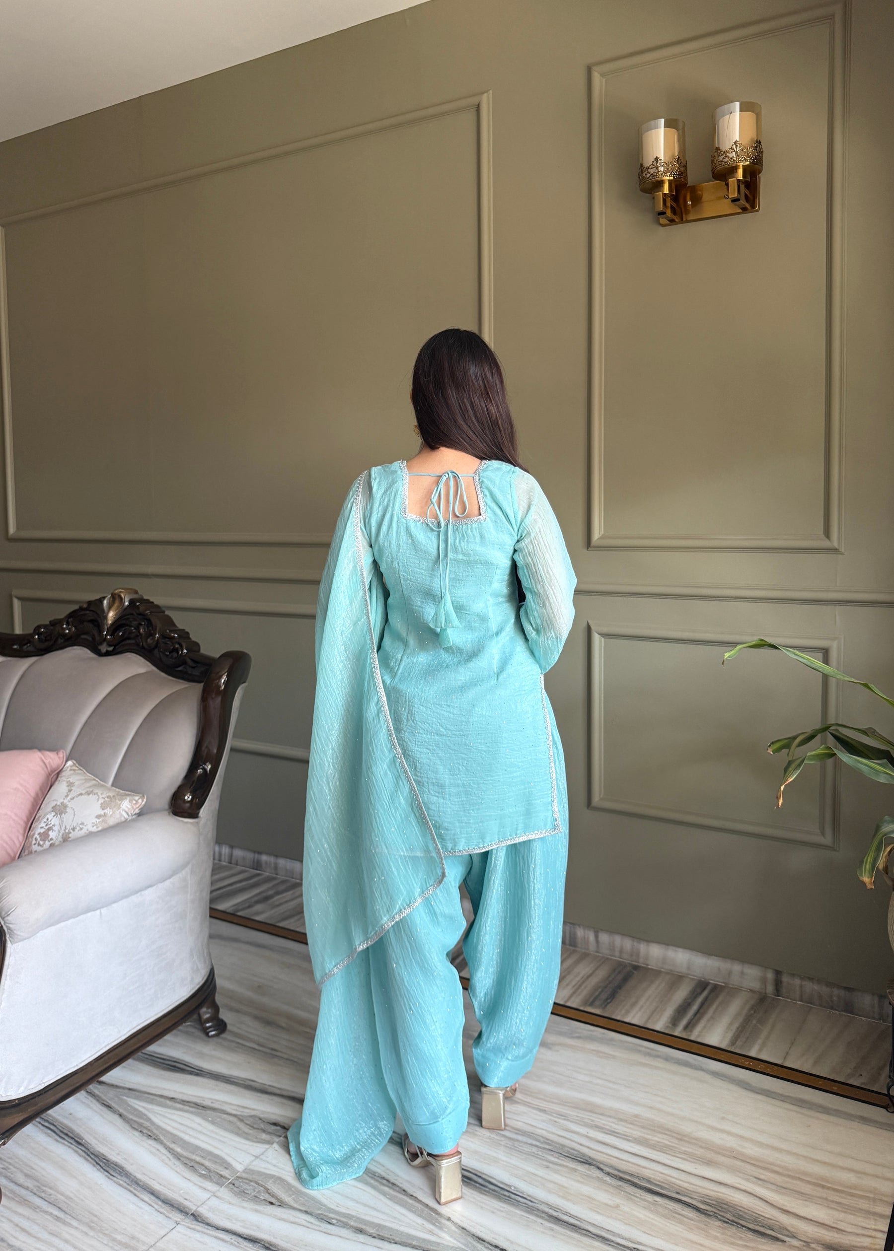 Lorenvalley Fashion Skyblue Crunchy Silk with Siroski Work with Fancy Lace Work Kurta Salwar with Dupatta