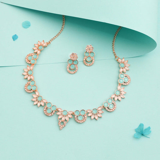 Tehzeeb Creations Gold Pleate Sky Blue Choker Necklace With Stud