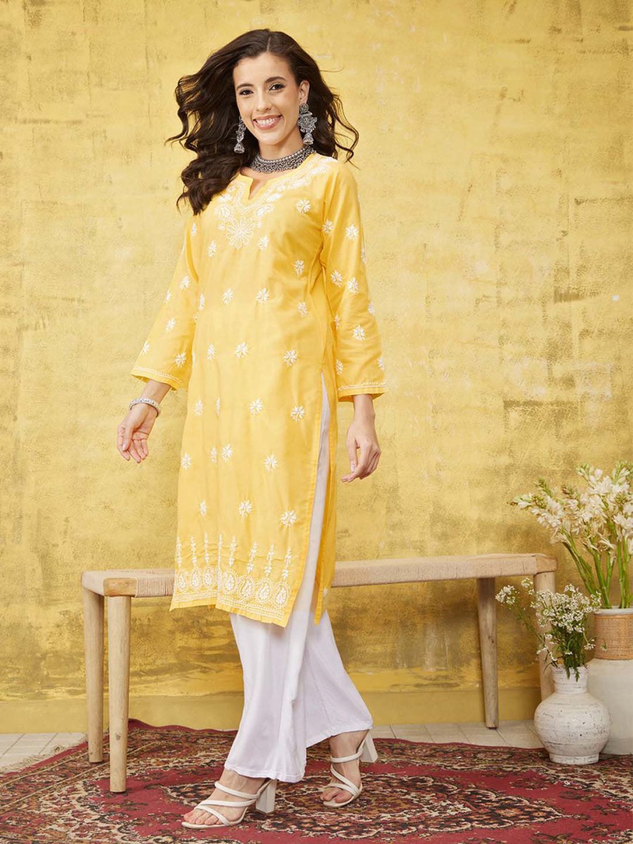 ADA Women Yellow & White Chikankari Embroidered Straight Sustainable Handloom Kurta 