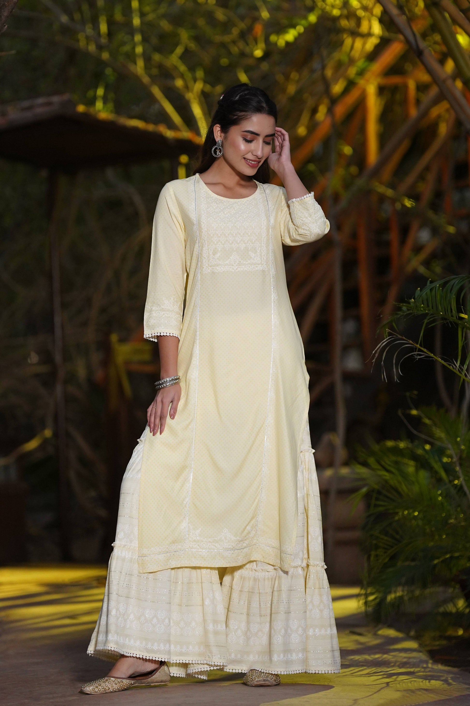 Juniper Yellow Ethnic Motif Printed Rayon Kurta & Sharara Set with Gota & Lace Work
