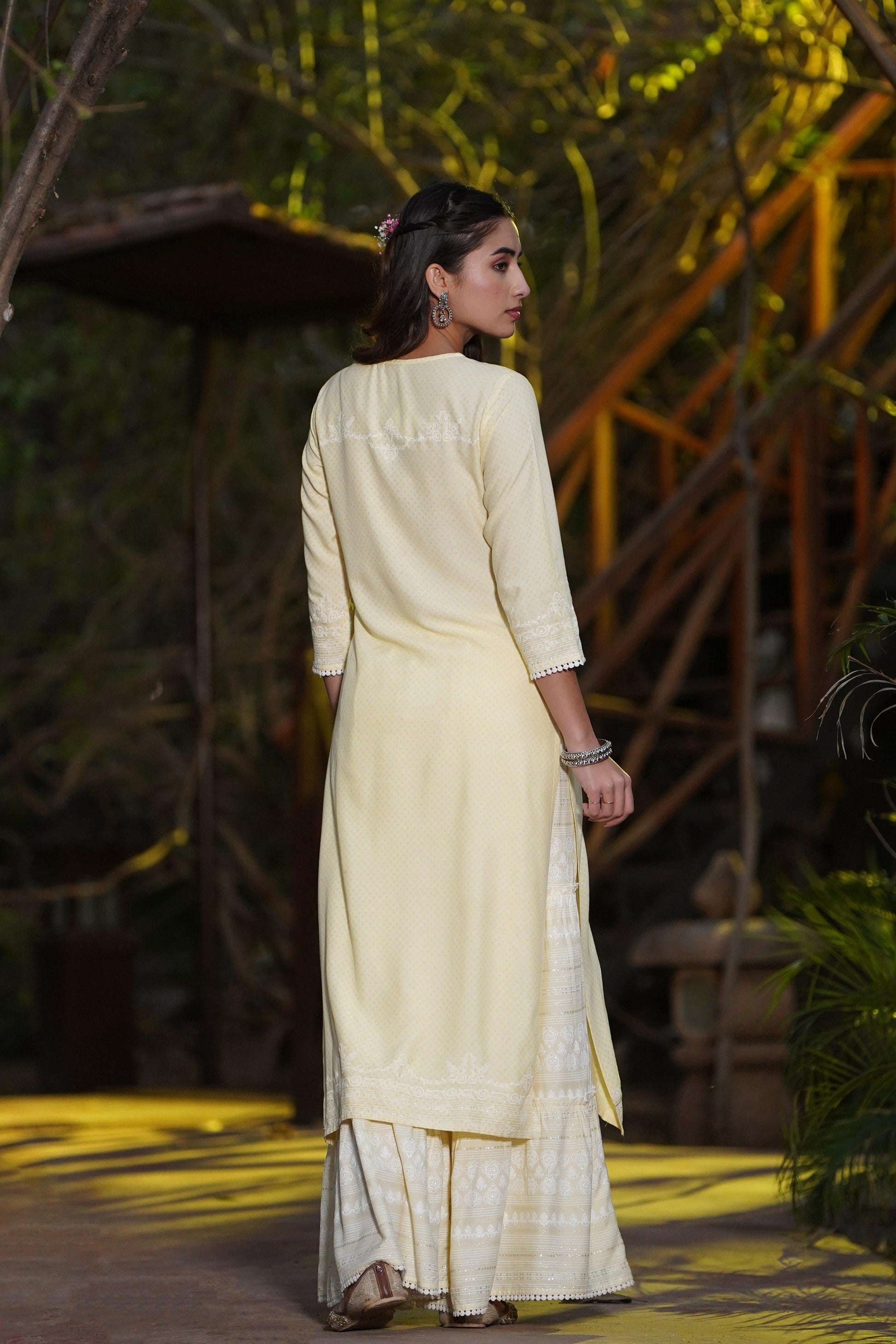 Juniper Yellow Ethnic Motif Printed Rayon Kurta & Sharara Set with Gota & Lace Work