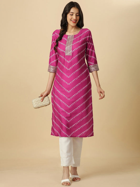 HERE&NOW Pink & White Bandhani Printed Sequinned Straight Kurta