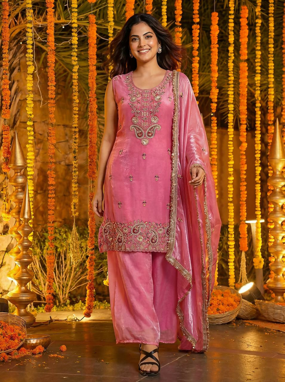 Joban Fashion Pink Silk Embroidered Sharara Set