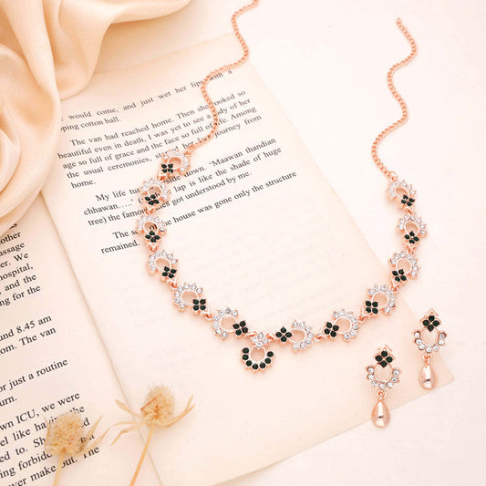 Tehzeeb Creations Gold-Polished Green Diamond Necklace With Earrings