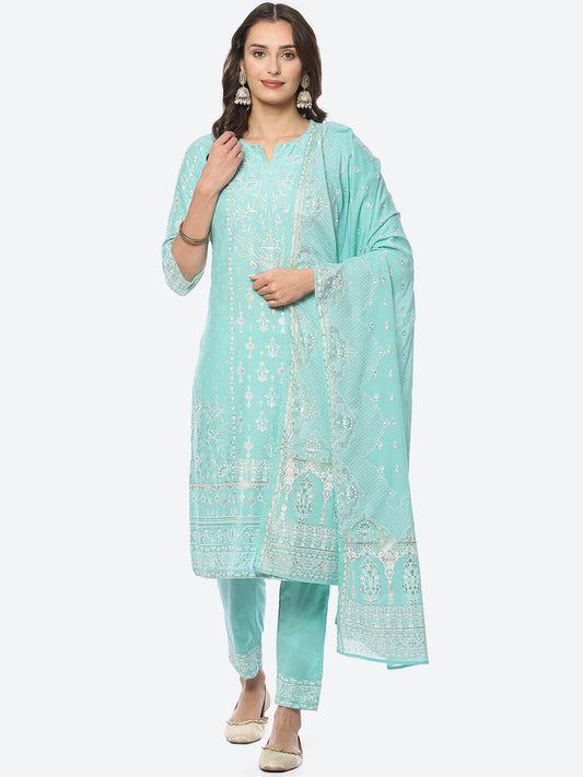 Biba Women Floral Printed Kurta with Trousers & Dupatta - Grab2buy