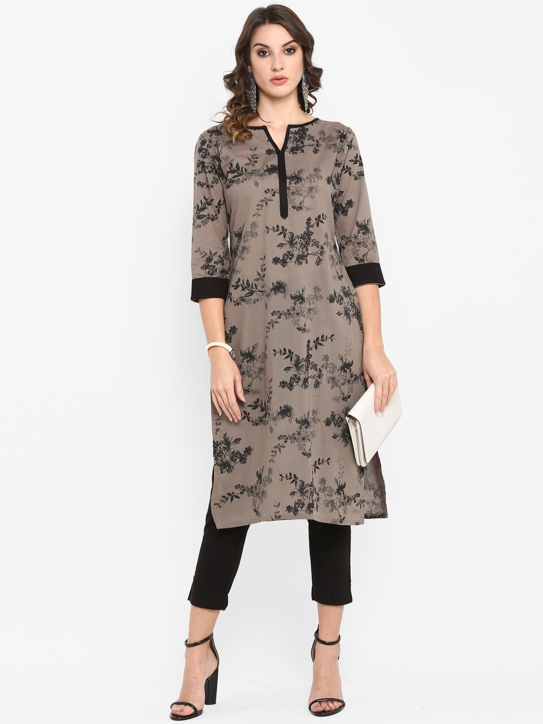 Janasya Women Taupe & Black Printed Straight Kurta
