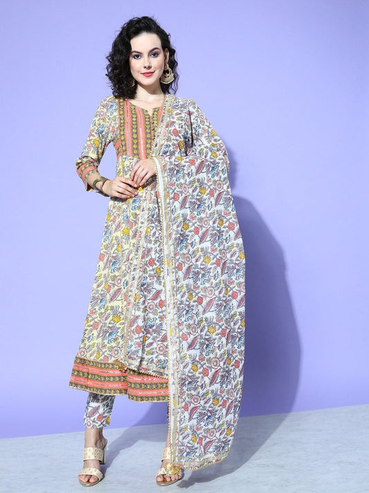 All About You Women Cream-Coloured Floral Printed Regular Gotta Patti Pure Cotton Kurta with Trousers & With