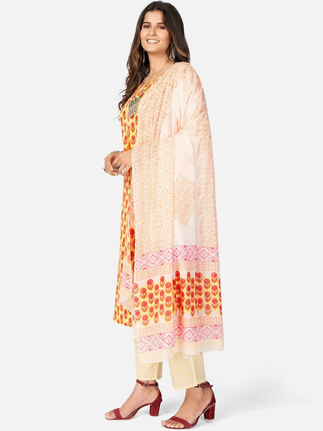NOZ2TOZ Women Yellow Cotton Kurta with Pant & Dupatta (3pcs Set) 