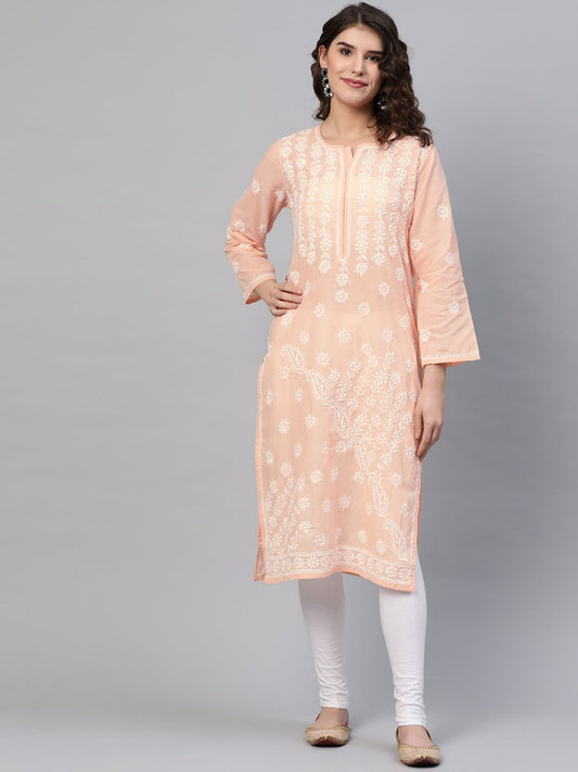 ADA Women Peach-Coloured & White Chikankari Embroidered Cotton Straight Sustainable Kurta 