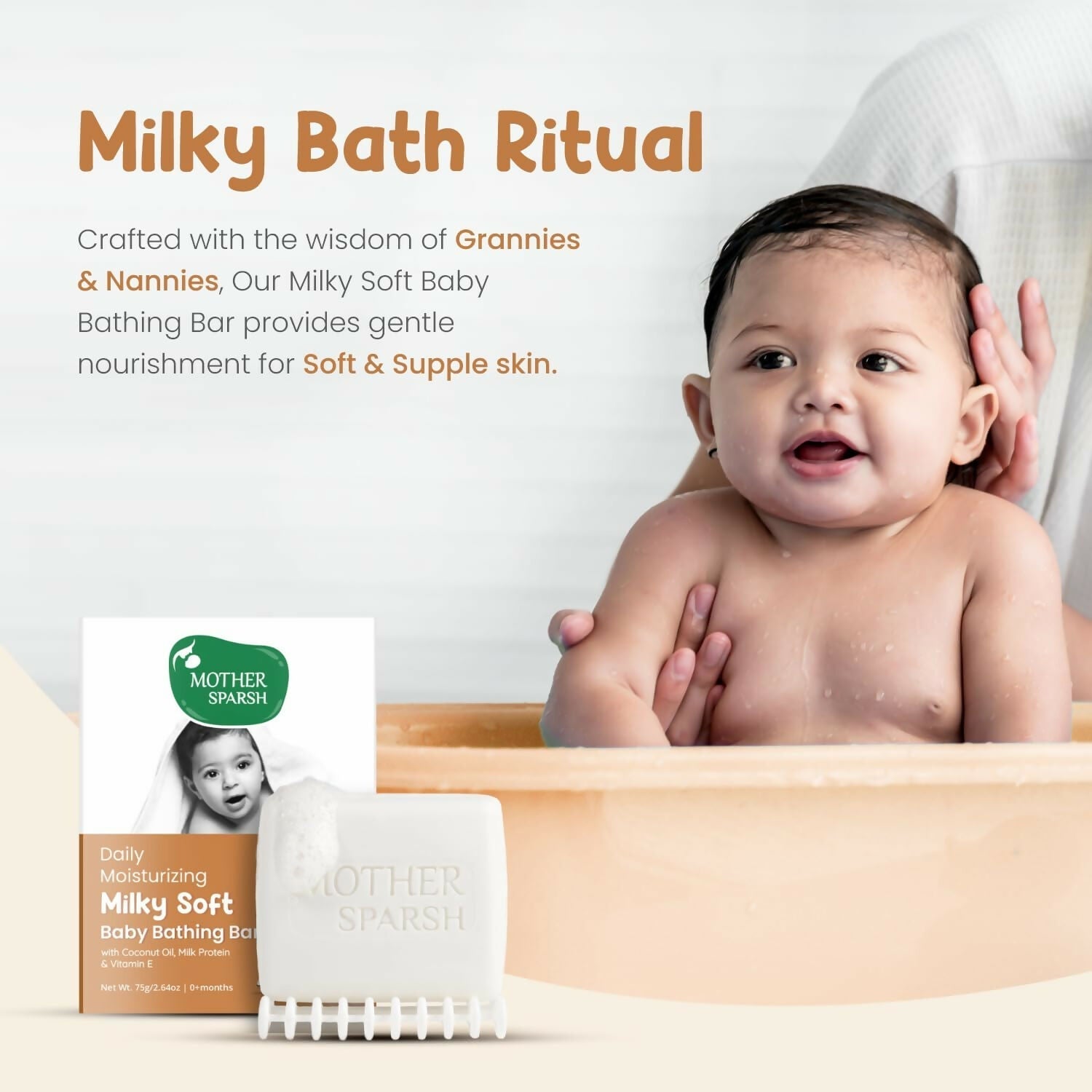 Mother Sparsh Milky Soft Baby Bathing Soap Bar For Hypoallergenic pH 5.5, Tear-Free Formulation, Prevents Dryness 