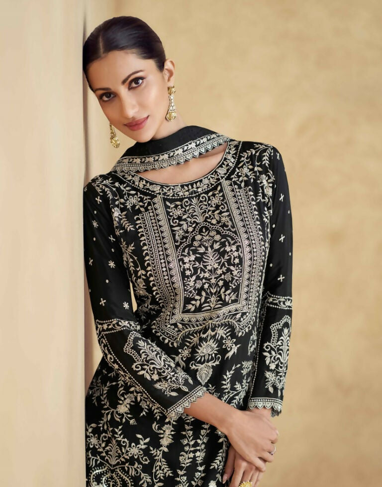 Vastranavya Black Chinon Silk Embroidered Sequins Pakistani Straight Pant Suit  Grab2Buy Vastranavya Grab2Buy