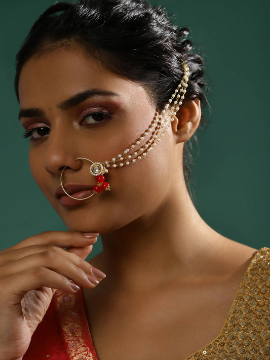 White Red Gold-Plated Kundan-Studded Beaded Nosepin - Ruby Raang - Grab2buy