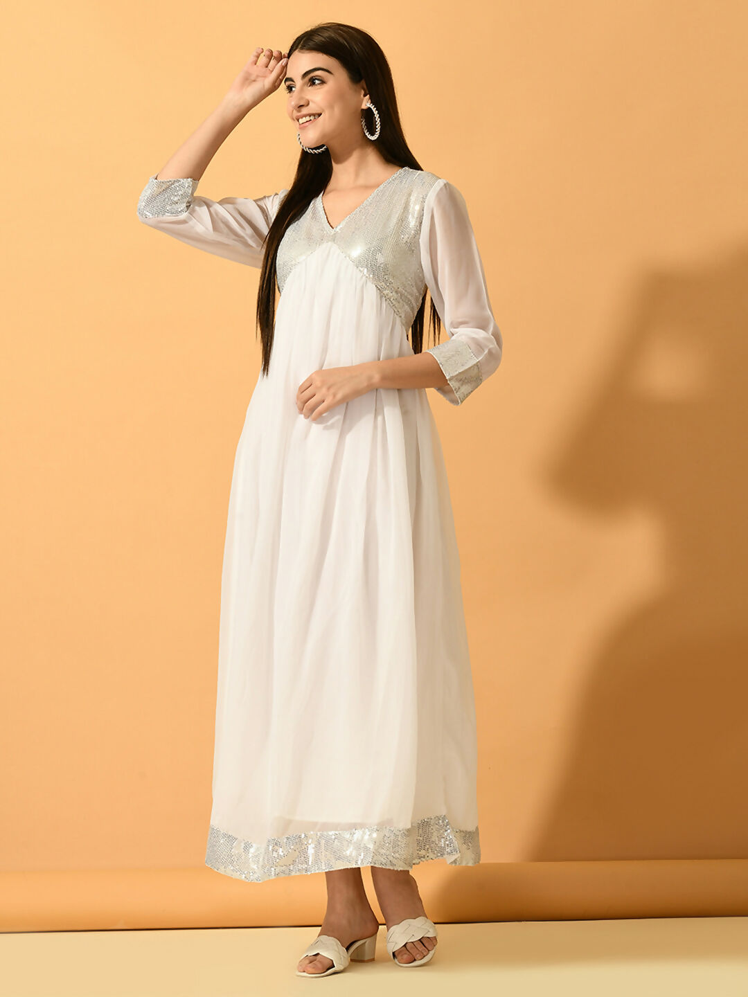 Myshka Women's White Fit and Flare Party Dress